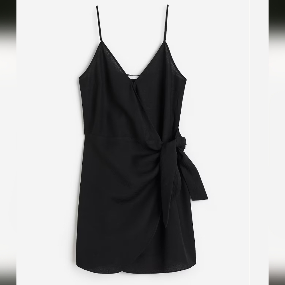H&M Black Linen Blend Wrap  Spaghetti Strap Summer Dress SMALL